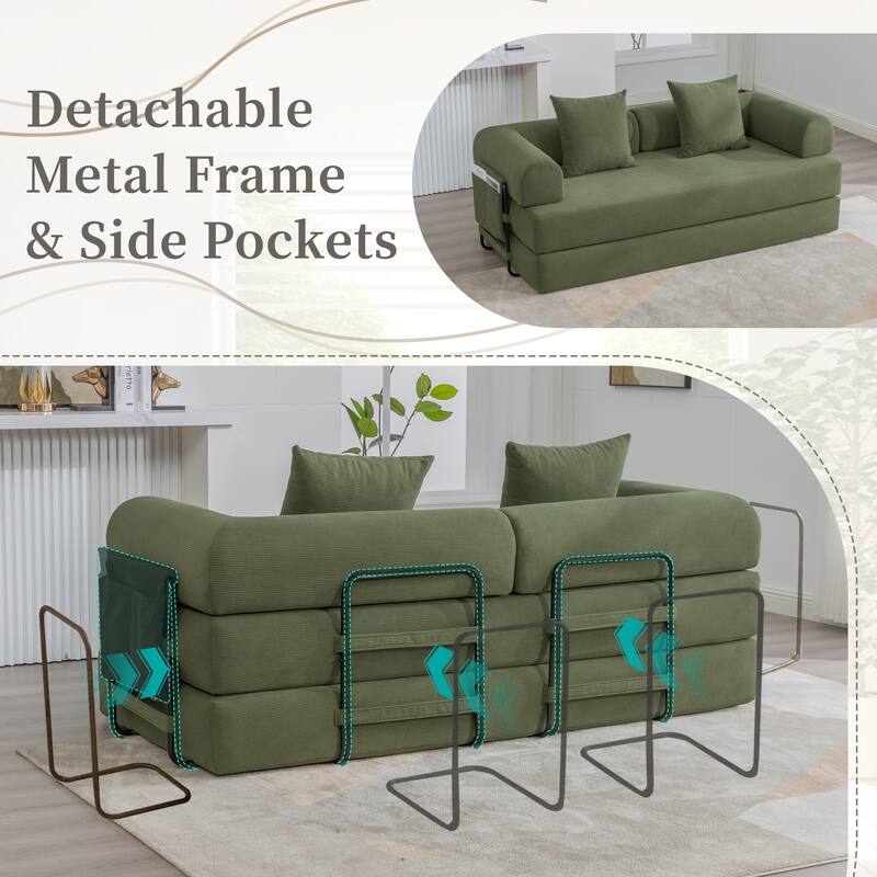 Foldable Modular Couch Sleeper Loveseat Sofa Bed with Storage Side Pocket, Detachable Metal Frame and Corduroy Fabric Cover