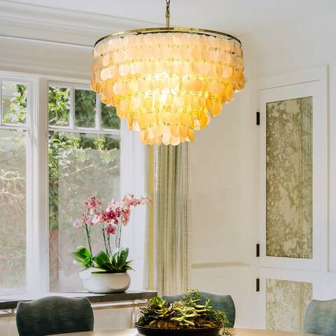 6-Light Coastal Natural Capiz Shell Tiered Chandelier With Antique Gold Metal