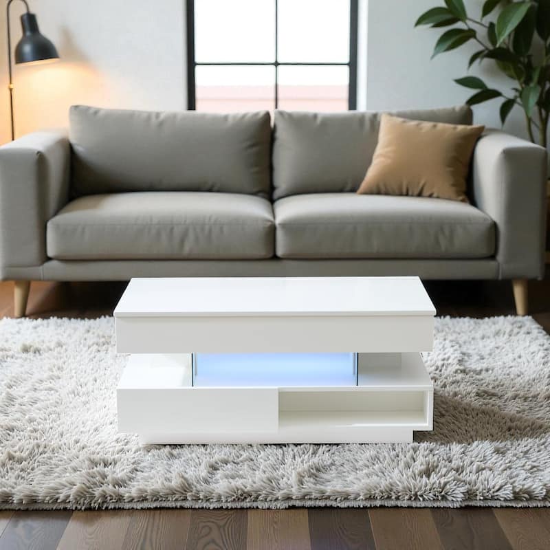 39.3" Modern Lift-Top Coffee Table with LED Lights, Hidden Storage Compartment and 2 Drawers for Living Room or Office - White
