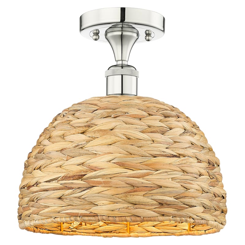 Innovations Lighting 616-1F-11-12 Woven Rattan Semi-Flush Woven Rattan - Polished Nickel / Natural