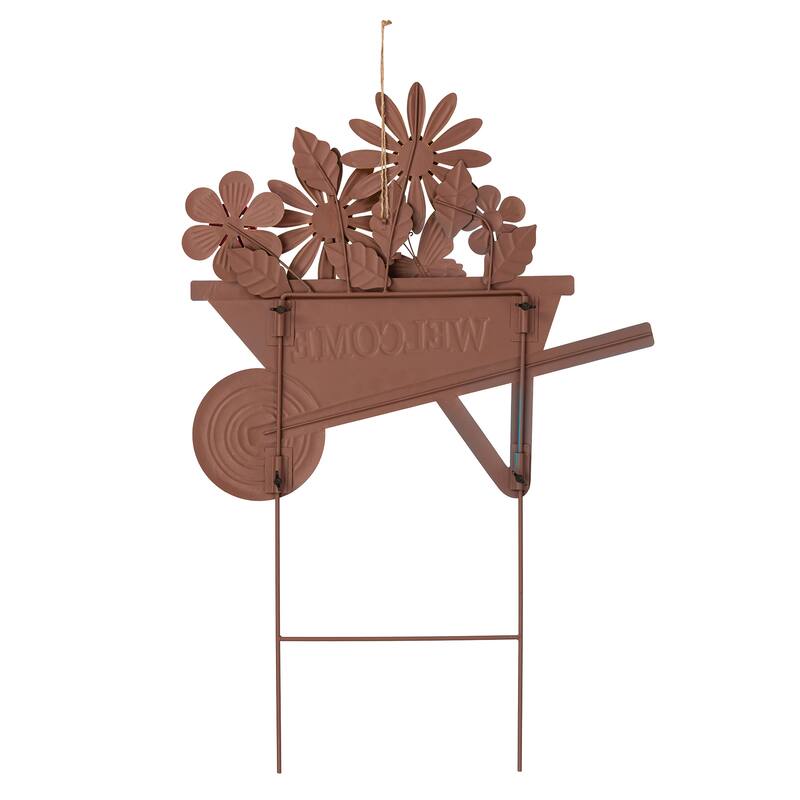Glitzhome Easter Metal Wheel Barrow Garden Cart Yard Stake Spring Outdoor Decor