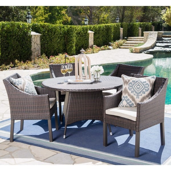 umbrella hole round wicker outdoor dining set Franco Outdoor 5-piece Round Wicker Dining Set with Cushions Umbrella Hole  by Christopher Knight Home On Sale Bed Bath Beyond 18122713