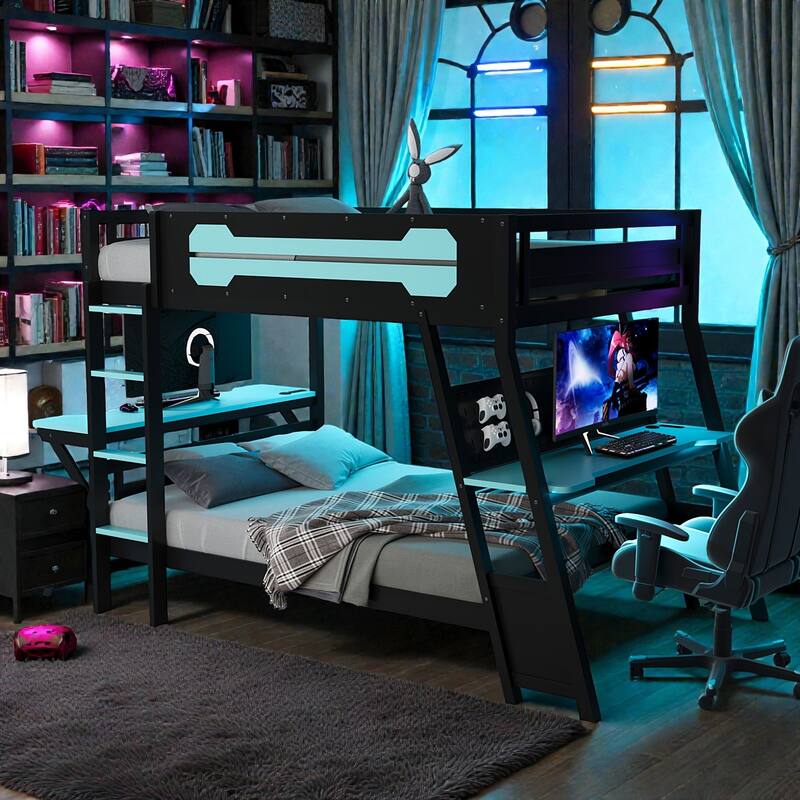 Twin/Full Gaming Bunk Bed with Dual Desks, USB Charging Ports and Pegboard Organizer, Gamer Bunk Frame