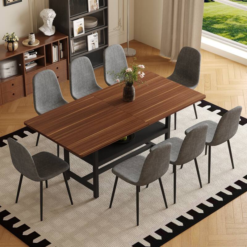 9-Piece Modern Dining Table Set, 71x35.4 Inch Wood Grain Table & 8 Linen-Cotton Dining Chairs - Dark Gray,Walnut+black