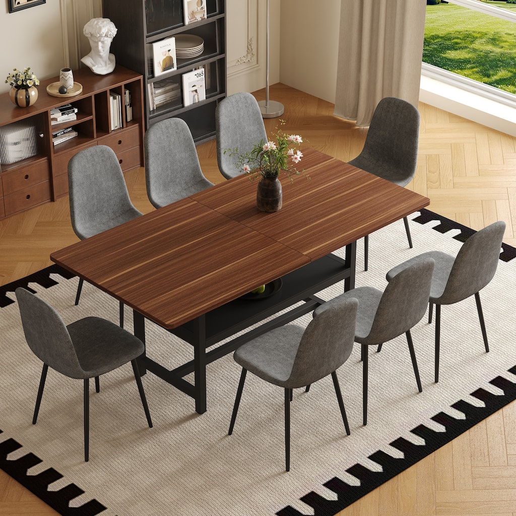 9-Piece Modern Dining Table Set, 71x35.4 Inch Wood Grain Table & 8 Linen-Cotton Dining Chairs
