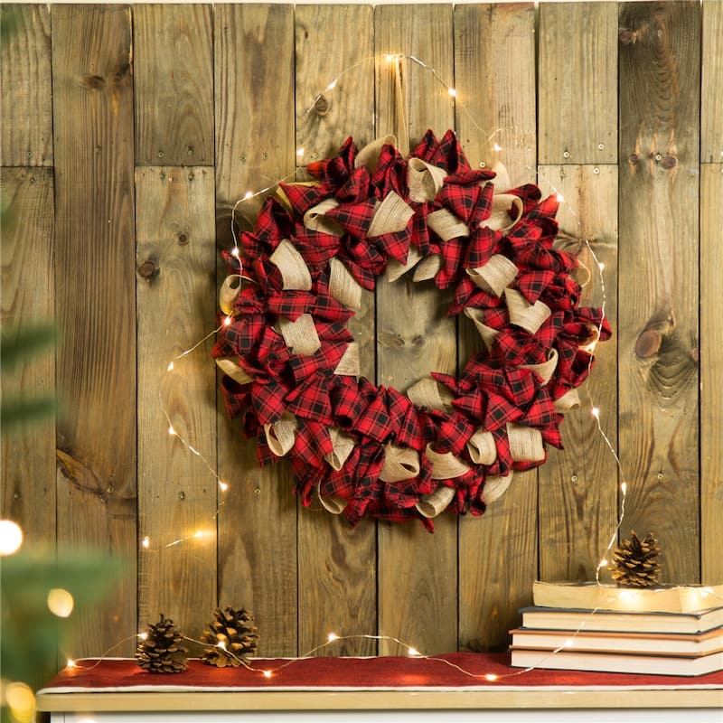Glitzhome Christmas Patriotic Plaid Fabric Decorative Wreath - Red/Black Plaid