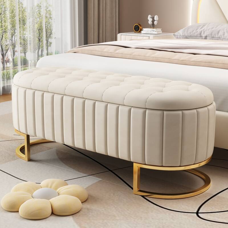 Elegant Velvet Storage Ottoman with Button-Tufted Top, Metal Legs