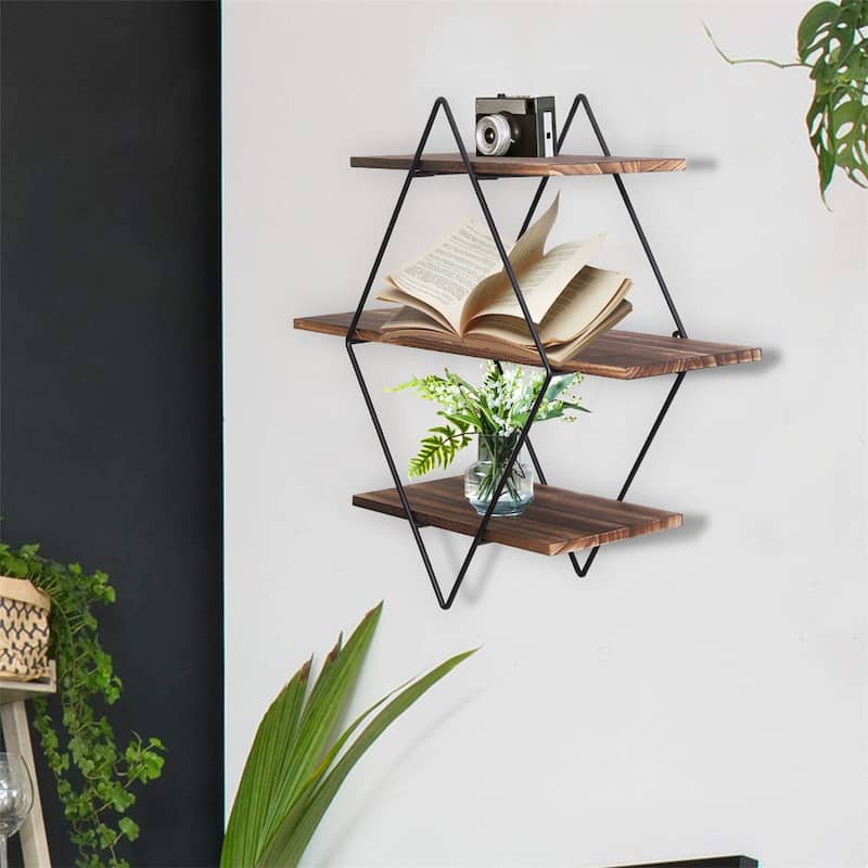Floating Wall Mounted Display Shelf 3 Tiered Wooden Shelves Black Frame Shelving