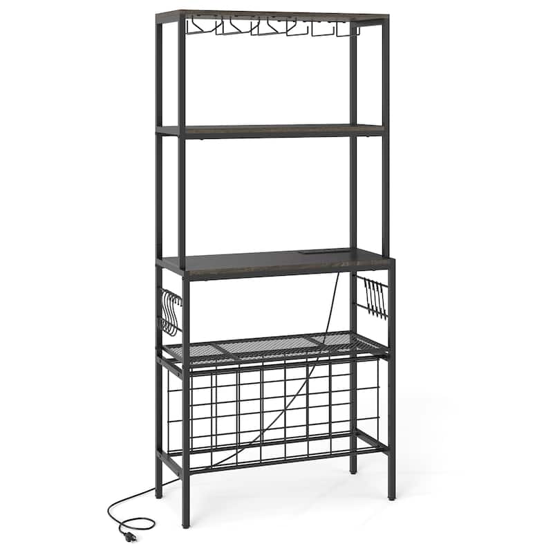 Wine Organizer with Power Outlet and Bottle Holders-Rustic Brown - Gray