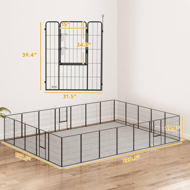 Black Steel 24-Panel Foldable Pet Playpen with Doors and Ground Stakes - 220.5" L x 157.5" W x 39.4" H