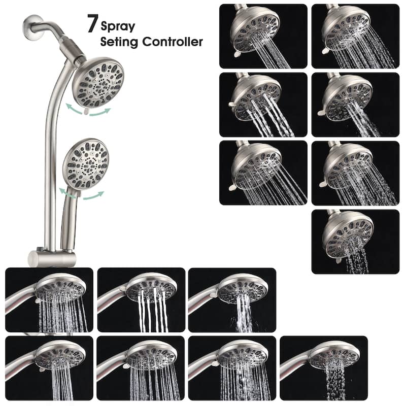 Drill-Free Stainless Steel Slide Bar Combo Rain Showerhead 7-Setting Hand, Dual Shower Head Spa System