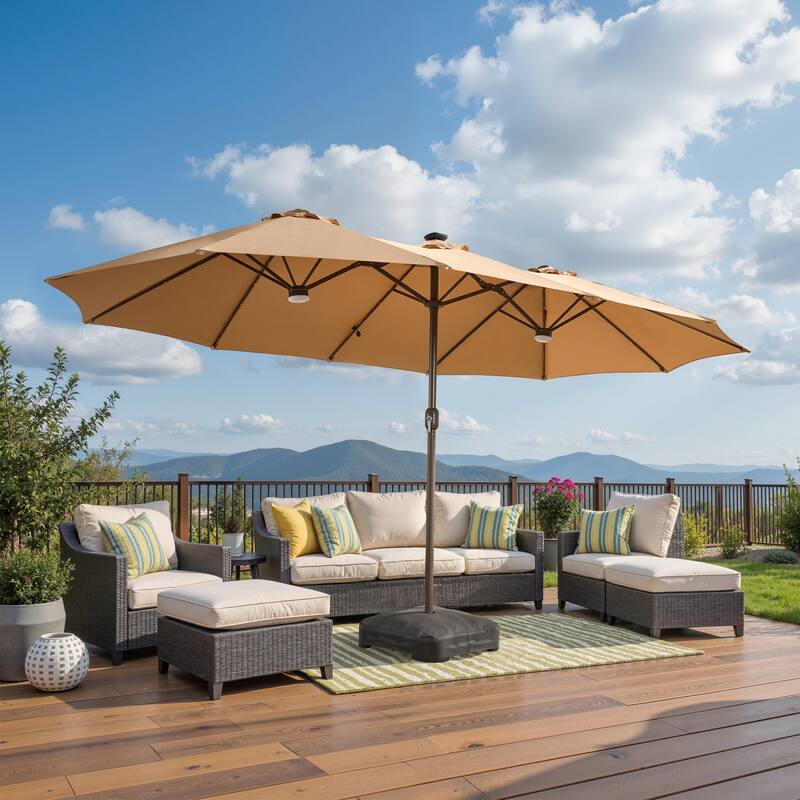 OVIOS 15 ft Double Side Patio Outdoor Umbrella Extra Large with Crank & Light - Khaki