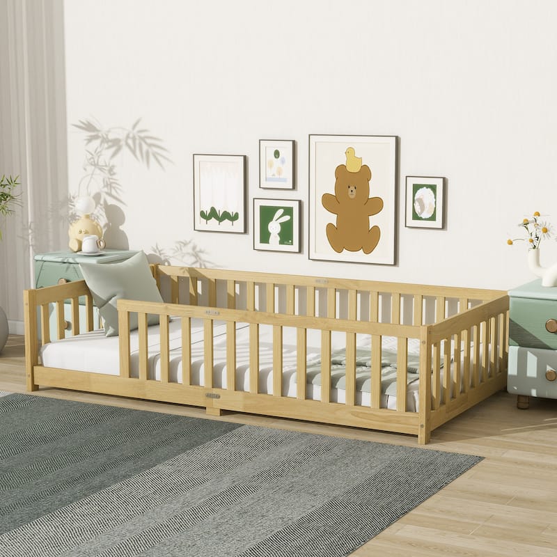 Roomfitters Twin/Full Floor Bed with Surround Fence, Rubber Wood Platform with Guardrails and Slats, Natural