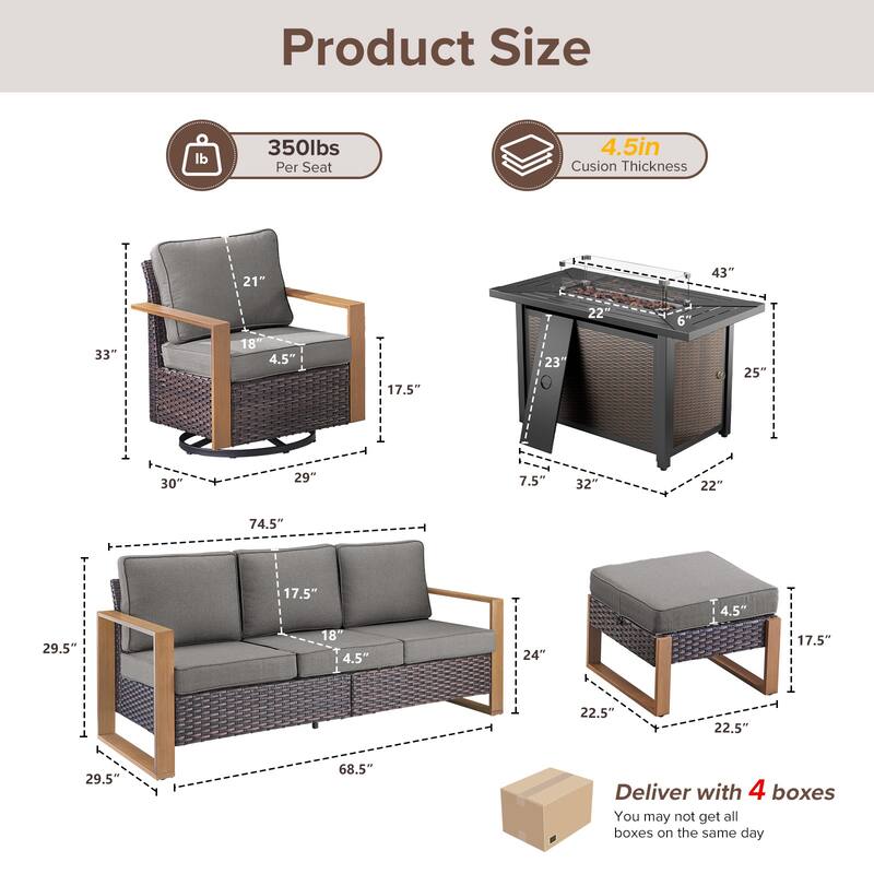 Meyreso Wicker Outdoor Patio Metal Fire Pit Set with Swivel Gliders & 4.5" Olefin Cushions