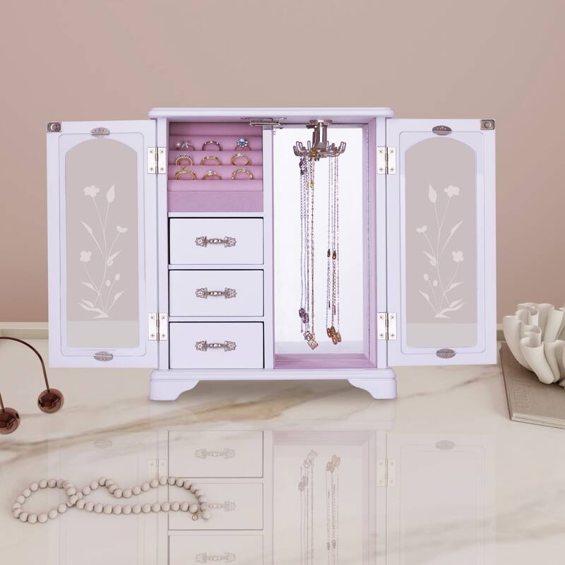 Elegant Jewelry Storage Boxes for Women , White Jewelry Wood Organizer box with Pink Interior - 10*5.2*11.7 IN