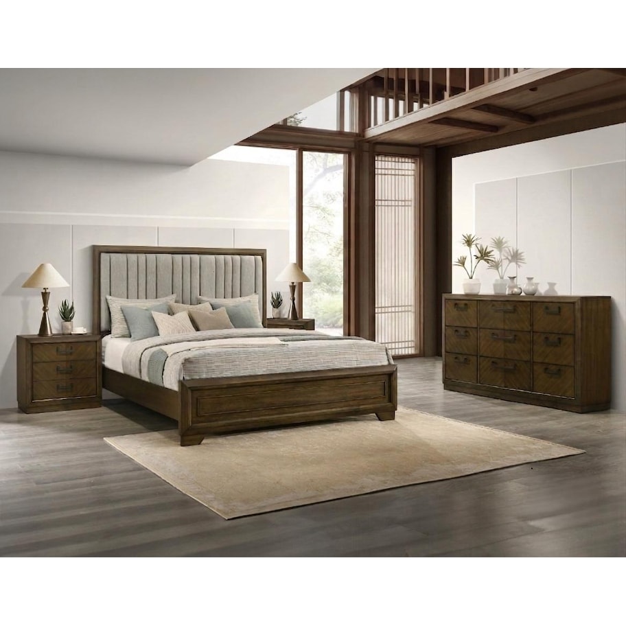 Brown Panel Upholstered Bed Dresser 2x Nightstand 4pc Set Bedroom Wooden Furniture