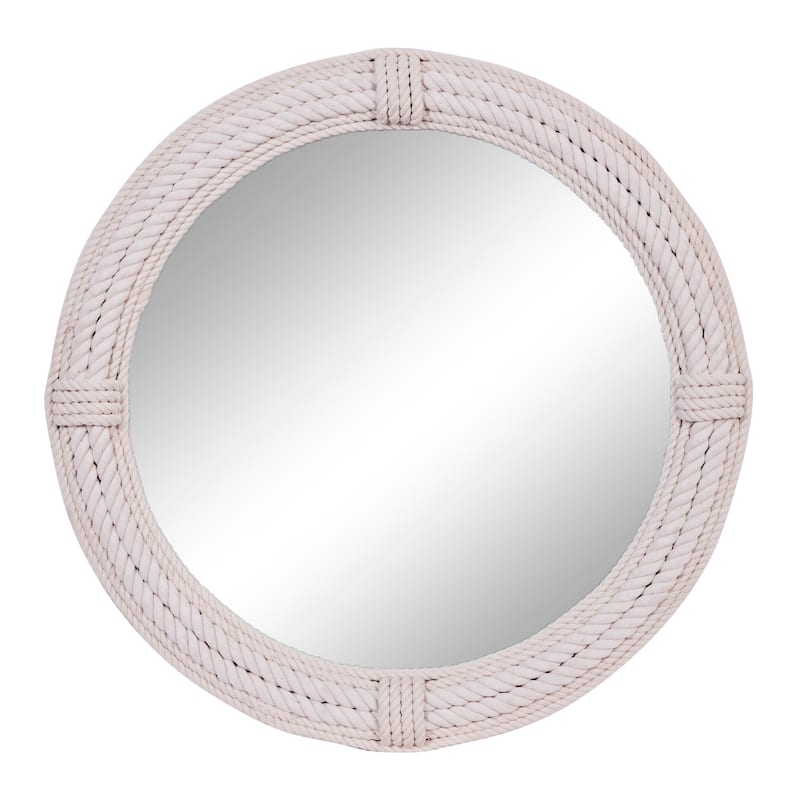 Wooden Coiled Rope Wall Mirror with Wrapped Rope Accents - White - Roche River Decor - 3"W x 36"L x 36"H