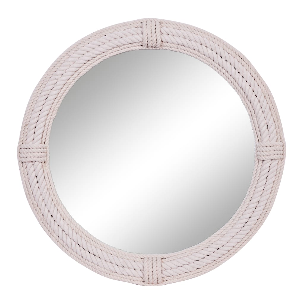 Wooden Coiled Rope Wall Mirror with Wrapped Rope Accents - White - Roche River Decor - 3"W x 36"L x 36"H