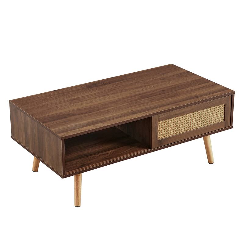 Rectangle Coffee Table with Solid Wood Legs, Sliding Drawer for Storage, Modern Table for Living Room