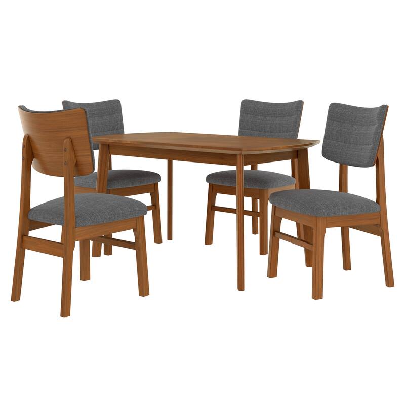 Farmhouse Dining Table Set for 4, Wood Kitchen Table & 4 Upholstered Chairs with Sturdy Rubber Wood Frame, Padded Seat