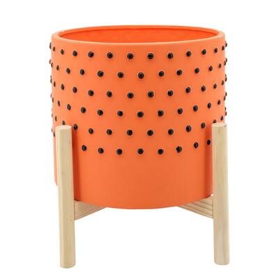 Handmade Orange Ceramic Planter with Black Dots on Wood Stand - 10.0" x 10.0" x 8.0"