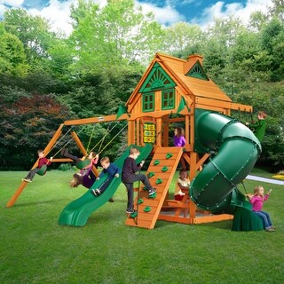 Gorilla Playsets Mountaineer Treehouse Wood Swing Set with Tube Slide - Amber
