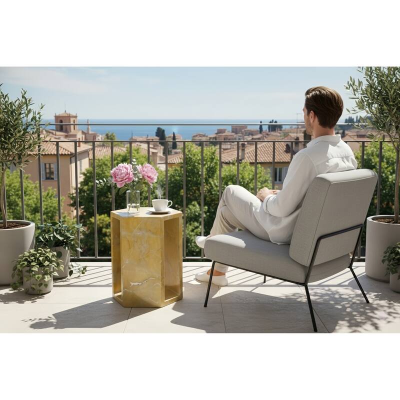 Roomfitters Luxury Natural Marble Hexagon Side Table, Solid Stone Geometric Pedestal End Table, Polished Finish