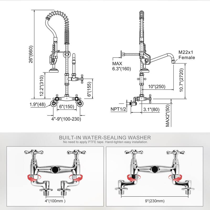 WOWOW Triple Handle Commercial Pull Down Sprayer Kitchen Faucet