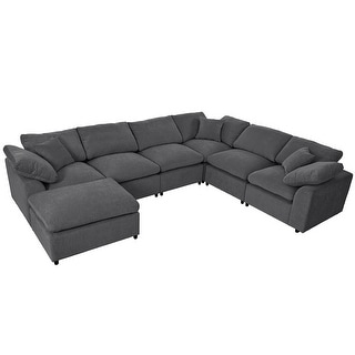 Oversized L shaped Sectional Sofa with Ottoman and Pillows Grey
