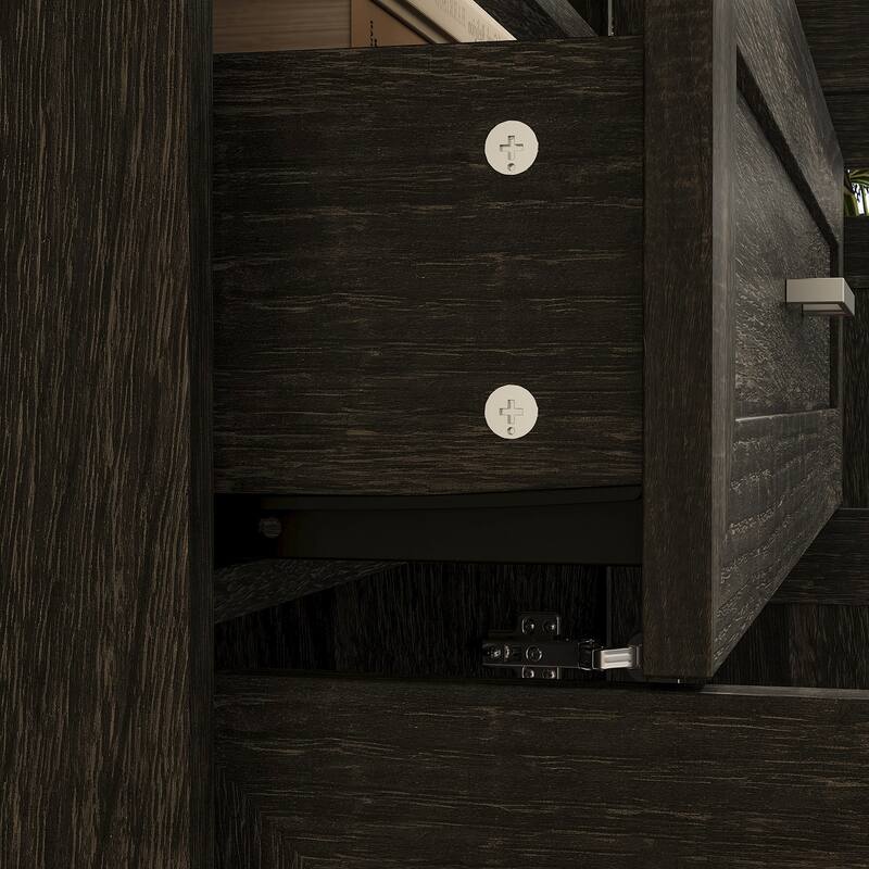 Modular Glass Door Bookcase Wall Unit with Storage Cabinets and Drawers, Dark Oak Display Hutch for Living Room or Home Office
