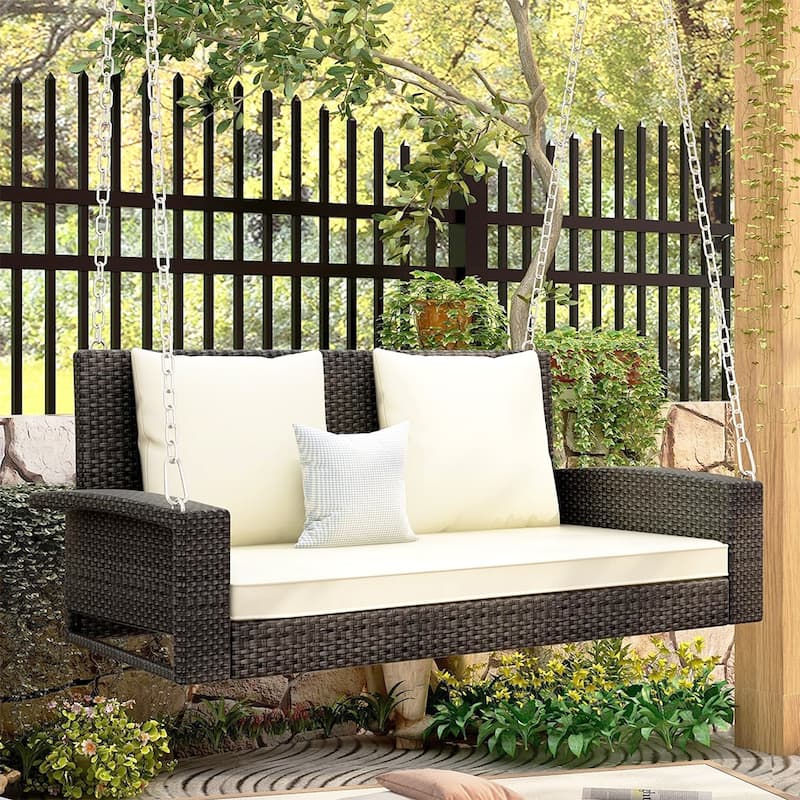 Outdoor Patio 2-Seat Wicker Porch Swing w/ Steel Chain, Cushions - 50"L x 22.4"W x 20.5"H