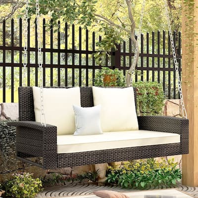 Outdoor Patio 2-Seat Wicker Porch Swing w/ Steel Chain, Cushions - 50"L x 22.4"W x 20.5"H