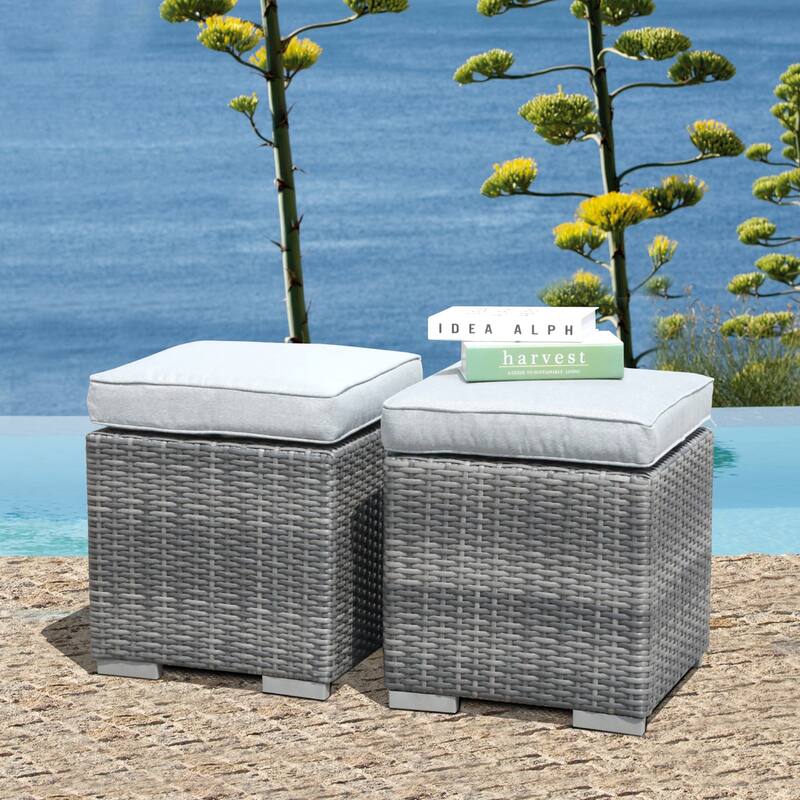 Outdoor Patio Rattan Ottoman Set (Set of 2) - Grey
