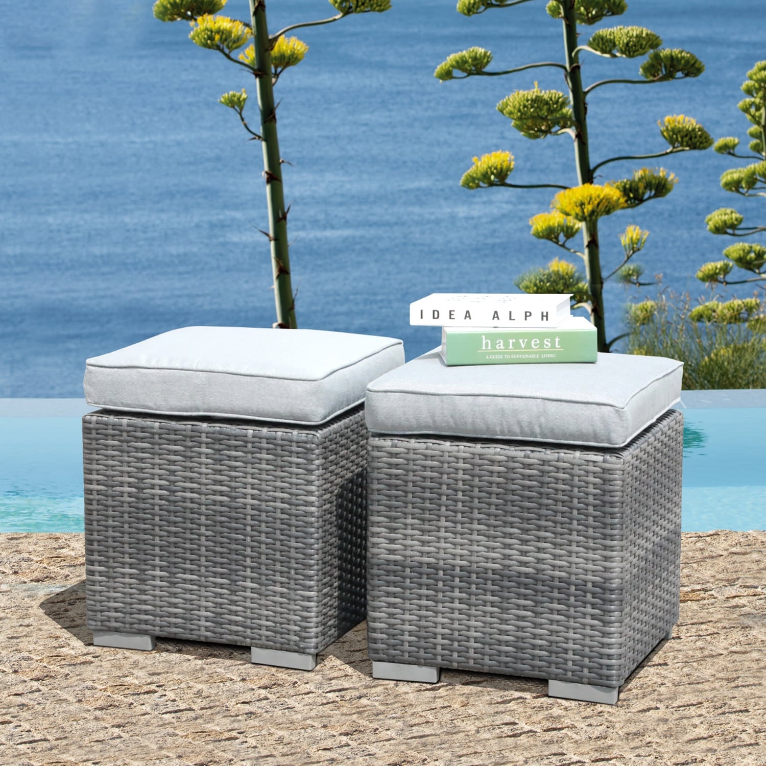 Outdoor Rattan Ottoman Set of 2 – Weather-Resistant Wicker Footstool with Thick Cushion