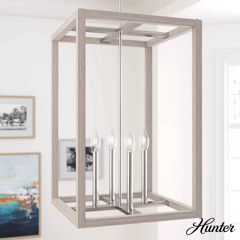 Hunter Squire Manor Pendant - Foyer, Island, Dining Room - Candle, Cage, Modern Farmhouse, Lantern - 18"  4 Light - Brushed Nickel -Bleached Wood
