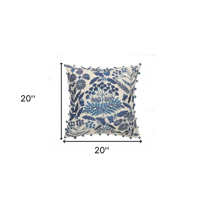 HomeRoots 20" X 20" Navy And Off-White 100% Cotton Floral Zippered Pillow