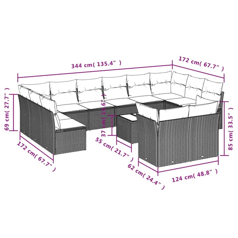 vidaXL Patio Sofa Set with Cushions Outdoor Conversation Furniture Poly Rattan - 21.7" x 24.4" x 27.2"