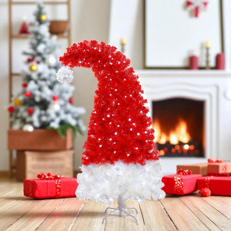 6FT Santa Hat Christmas Tree with 300 LED Lights, 1050 Tips, Curved Red and White Whimsical Artificial Xmas Tree
