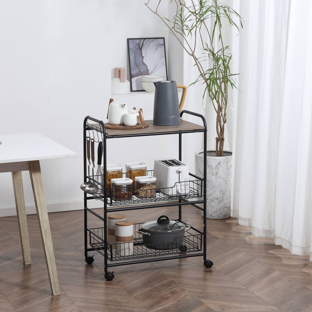3-Tier Rolling Microwave Cart, Wood Kitchen Cart on Wheels with 2 Metal Sliding Baskets and 4 S-Hooks