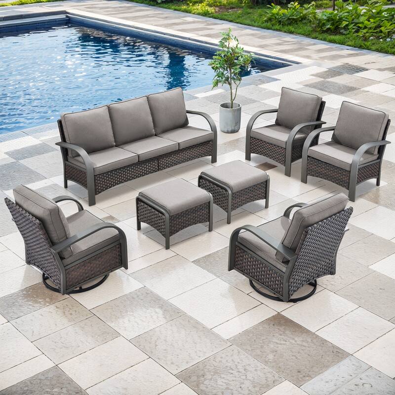 Outdoor Sofa with 2 Swivel Chair, 2 Patio Chair and Ottoman Furniture - Grey - Brown