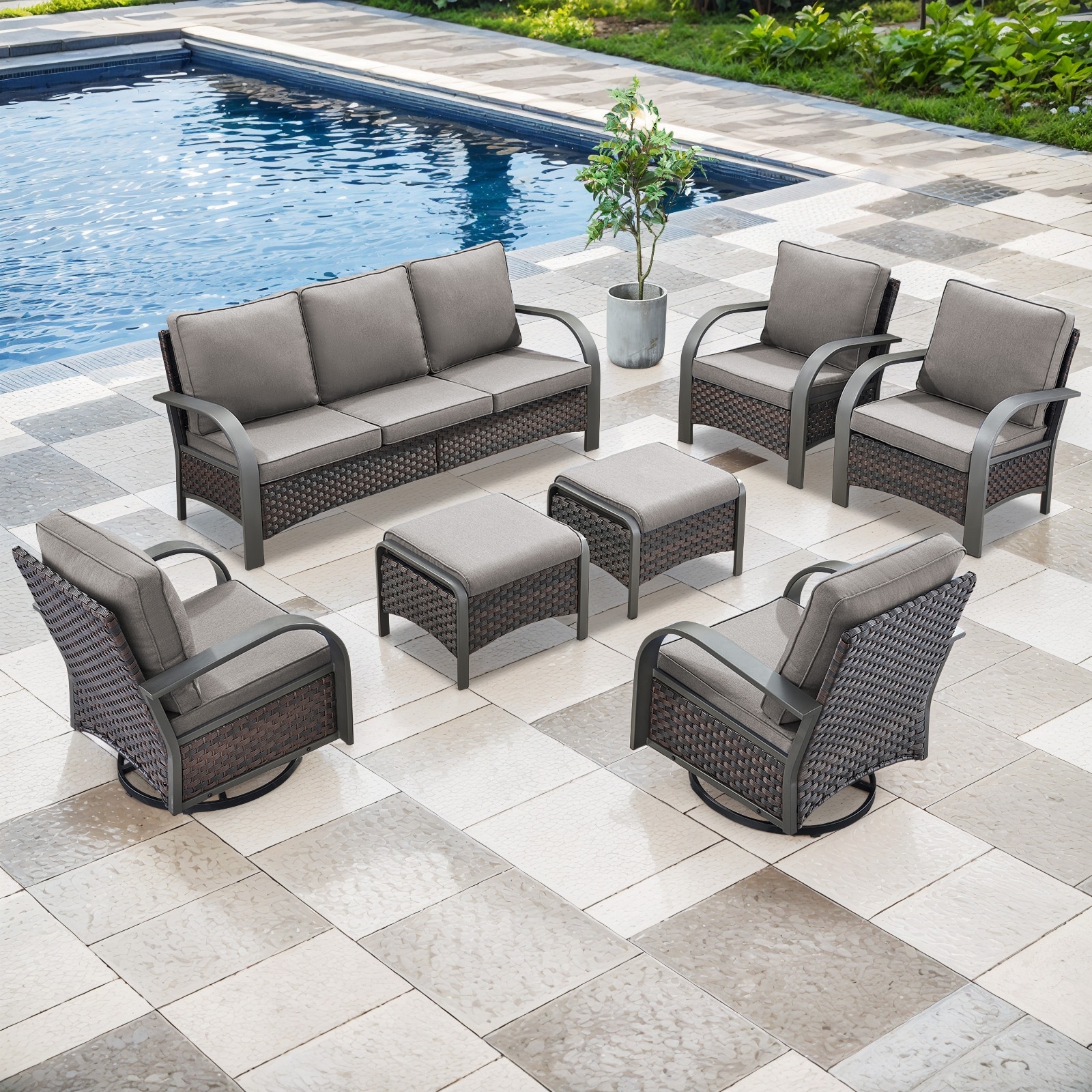 Pocassy Outdoor Patio Sofa Chairs Ottoman Set Funiture