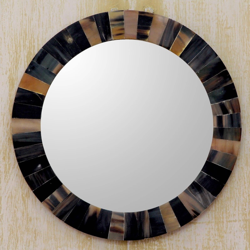 Handmade Natural Melange Buffalo Horn Wall Mirror (India) - 0.6" H x 14" Diam.