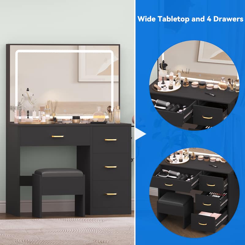 Moasis Vanity Set with Led Lights Makeup Desk Dressing Dresser Desk Table with 4 Drawer - 35.43''L x 15.74''W x 53.54''H