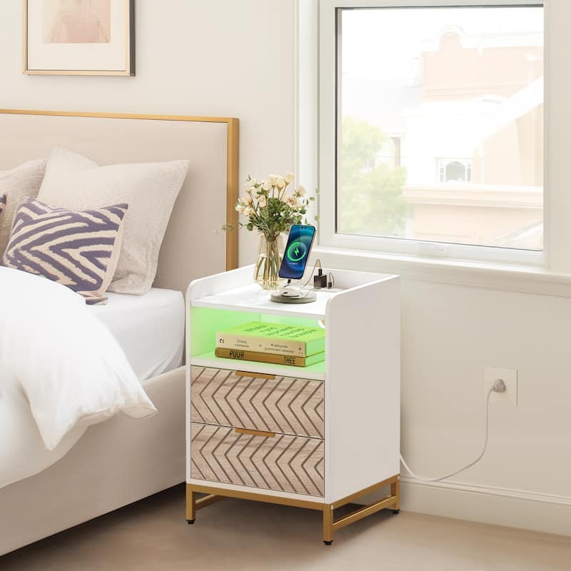 Moasis Modern LED Nightstand Set of 2 with Drawer and Storage Shelf, Bedside Table with Charging Station