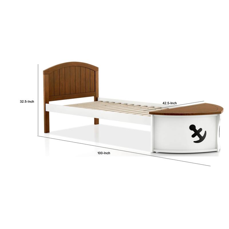 Evon Captain Twin Bed, Built-In Storage, Boat Design, White and Oak Brown