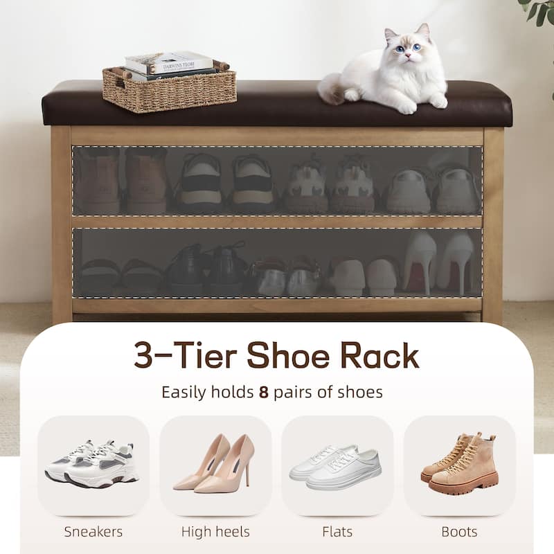 HUIMO Multi-Functional Solid Wood Bench with Storage Shelves 46in/39in/31in