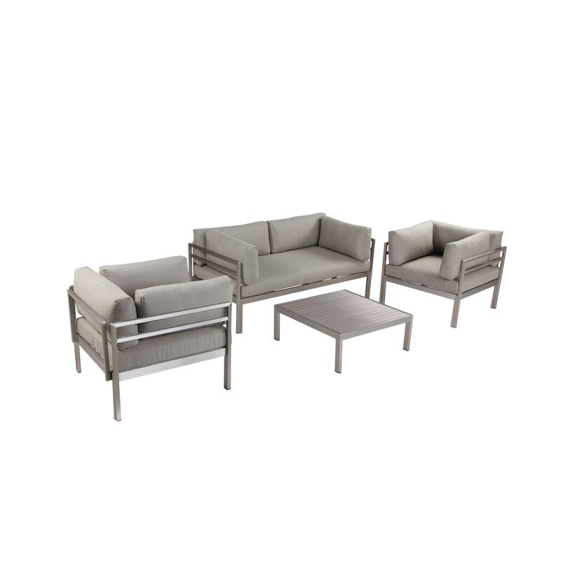 3 Piece Sectional Outdoor Metal Sofa Set with Table, Gray and Silver