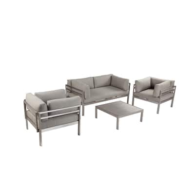 3 Piece Sectional Outdoor Metal Sofa Set with Table, Gray and Silver