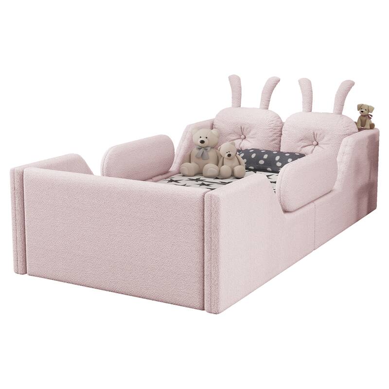 Pink Twin Upholstered Platform Bed with Rabbit Cushion & Removable Side Rails! (Arrives 2025/1/15)