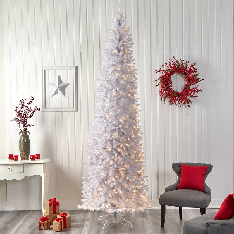 10ft White Christmas Tree Pre-Lit - Slim Artificial Tree with 800 Warm Lights & Bendable Branches - Holiday Decor - 120